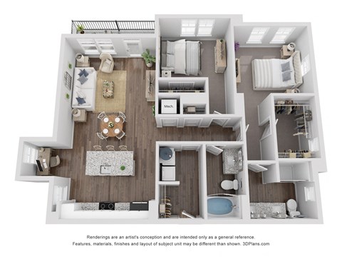 Floor plan for 2 beds, 2 baths, 1282 sqft